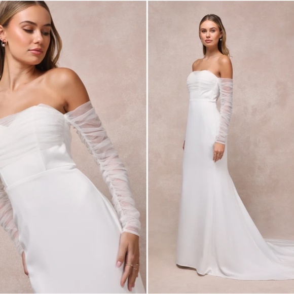 LULU's Elegant Sophisticated Sexy Mesh Off-the-Shoulder Long Sleeve Bridal Gown - Picture 4 of 6